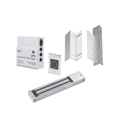 Kit para control de acceso incluye Fuente de 12VCD con respaldo de batería/ Chapa magnética de 600Lbs / Montajes L y Z / Botón de salida