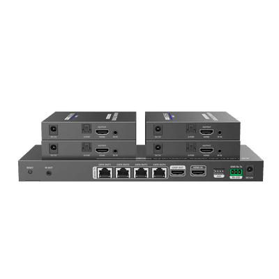 Kit Divisor y Extensor HDMI / Divide 1 Fuente HDMI a 4 Pantallas / Extiende la señal HDMI hasta 70 m / Resolución 4K @ 60 Hz/ Cat 6/6a/7 / IPCOLOR / CERO LATENCIA / Uso 24/7 / Puerto S/PDIF / EDID / RS232 / Salida Loop / Alimente solo el Tx