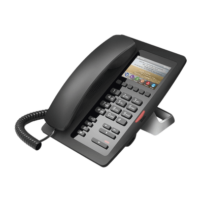 Teléfono IP Hotelero / Pantalla LCD Color 3.5" / 2 Líneas SIP / 6 Teclas Programables Hotline / Puerto USB Carga / PoE 802.3af / Personalizable con Logo Hotel