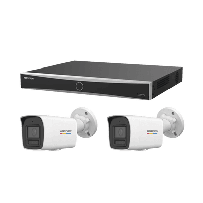 [ KIT ACUSEEK 2 CAM + 1 NVR ] / NVR 12 Megapixel / 8 Canales IP / 8 Puertos PoE / Cámara 4 MP / Tipo Bullet / Luz Dual 30 mts IR + 30 mts Luz blanca / Microfono Integrado / Exterior IP67 / WDR