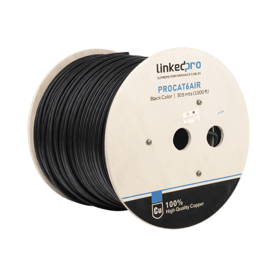 Bobina de Cable FTP con Mensajero de Acero de 305 Metros (1000 Pies) Cat6+ Calibre 23, Color Negro, para Aplicaciones en Video Vigilancia y Redes de Datos / Uso en Intemperie y Aplicaciones Aéreas