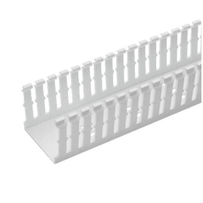Canaleta Ranurada de PVC Sin Tapa, Tipo F, 57.2 mm de Ancho, 104.1 mm de Alto y 1.8 m de Largo, Color Blanco