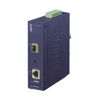 Convertidor de Medios PoE Industrial, Puerto SFP 1000BASE-SX/LX a Puerto RJ45 Gigabit con Salida PoE 802.3at (Hasta 30 W).